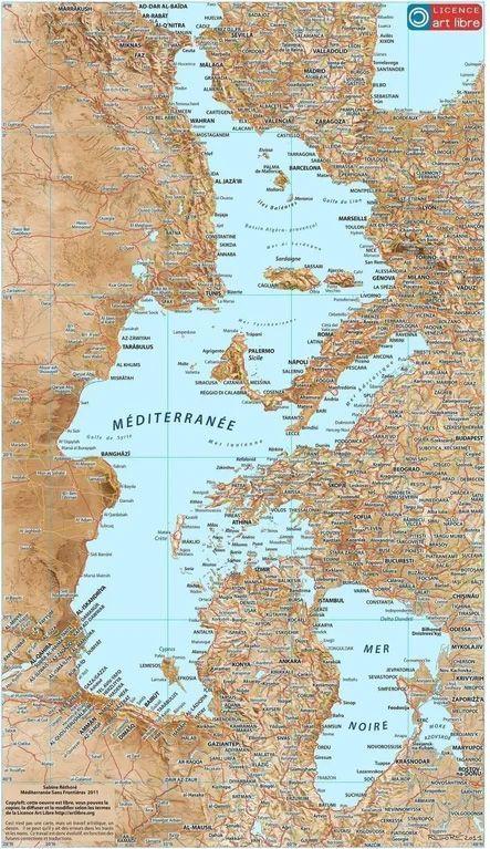 A detailed map of the Mediterranean basin rotated 90 degrees clockwise immediately disrupts the sense of a familiar landscape and makes the sea and surrounding coatslines of Greece, Italy and North Africa seems like maps from a fantasy novel or mysterious fictional realm.