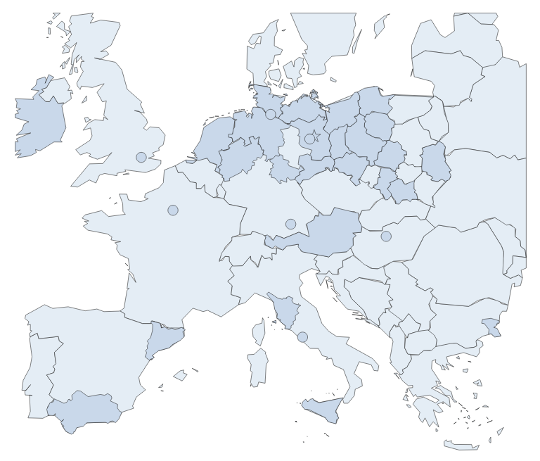 eine europakarte, manche länder und regionen und städte sind dezent farblich markiert