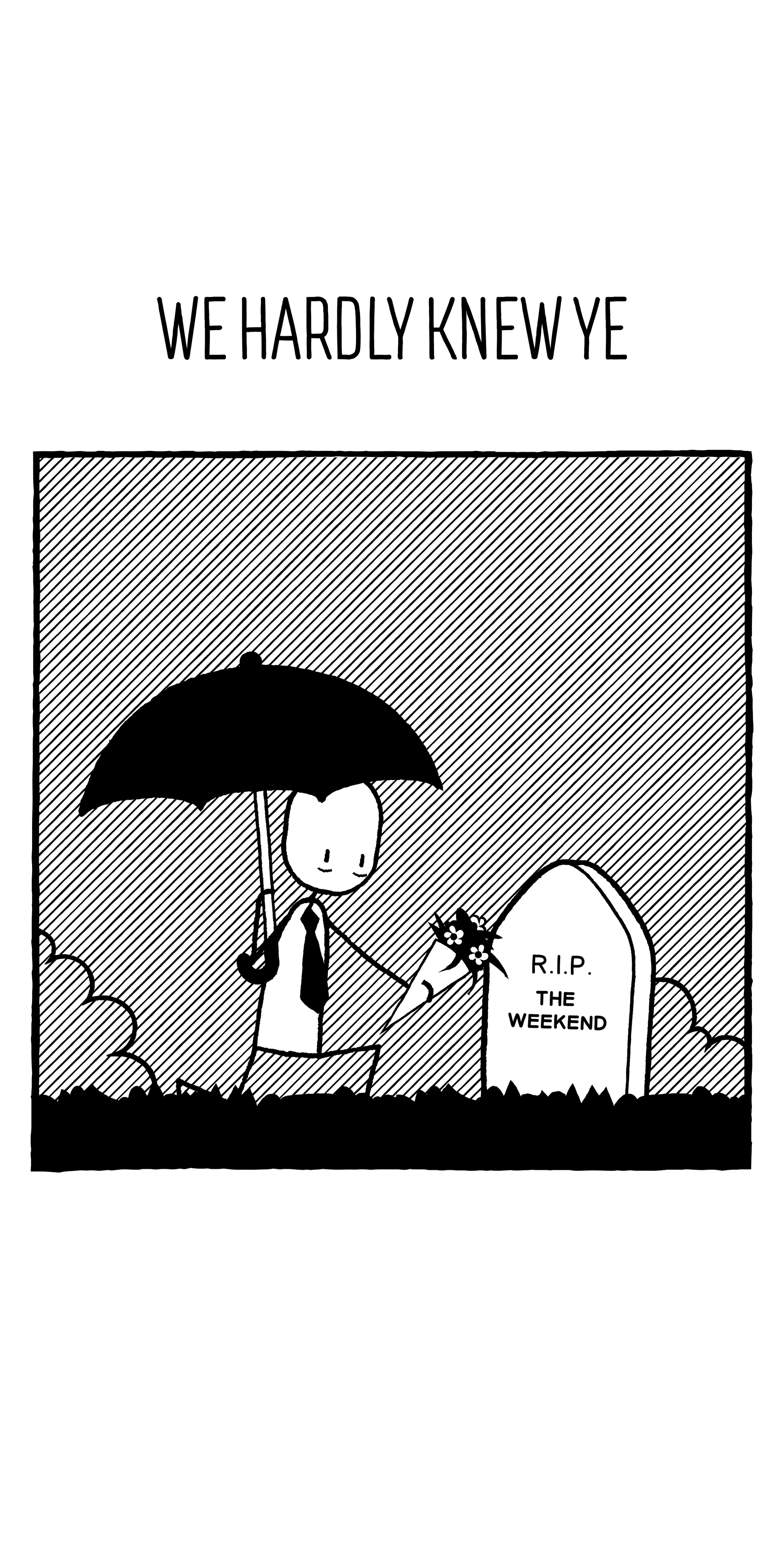 Man lays flowers on a grave, whose gravestone says 'R.I.P. The Weekend'.