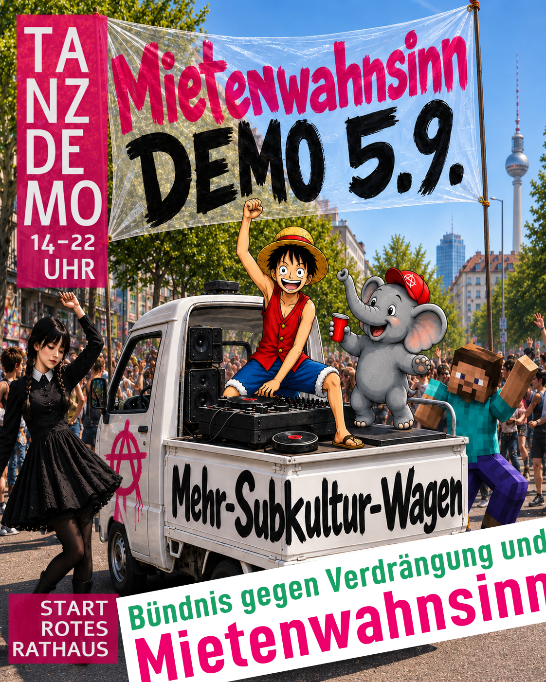 ein Wagen mit DJ und Plattenspieler und Lautsprecher auf einer Demo in Berlin